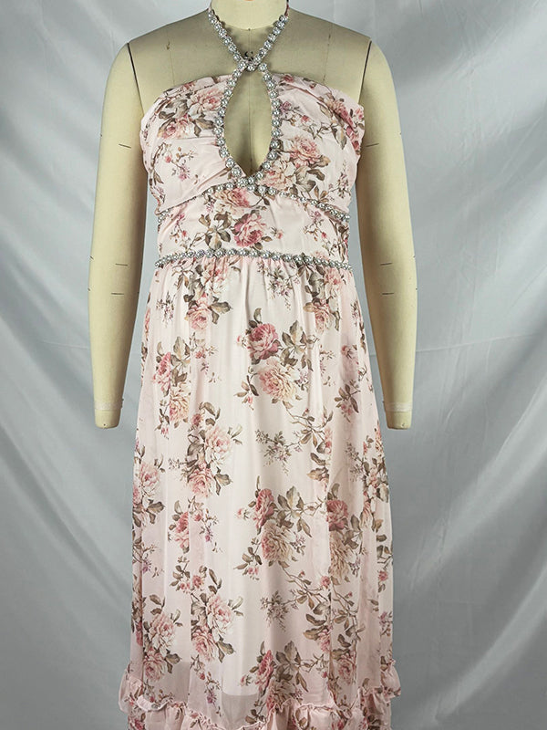 fotobeyou Pink Floral Ruffle Falbala Pearls Side Slit Elegant Maternity Baby Shower Maxi Dress