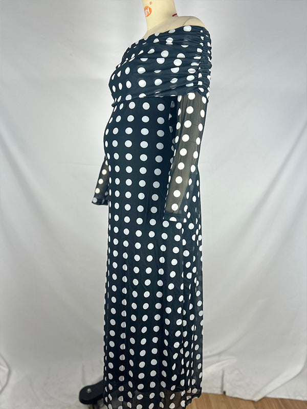 fotobeyou Black And White Polka Dot Off Shoulder Ruched Bodycon Elegant Going Out Cocktail Maternity Photoshoot Maxi Dress