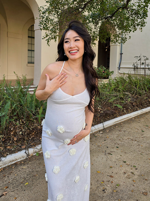 White Spaghetti Strap Backless 3D Flowers Maternity Maxi Dress