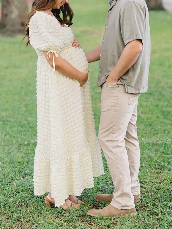 fotobeyou Bubble Texture Sweetheart Neckline Ruched Bodice A-line Puff Sleeve Elegant Going Out Maternity Photoshoot Maxi Dress