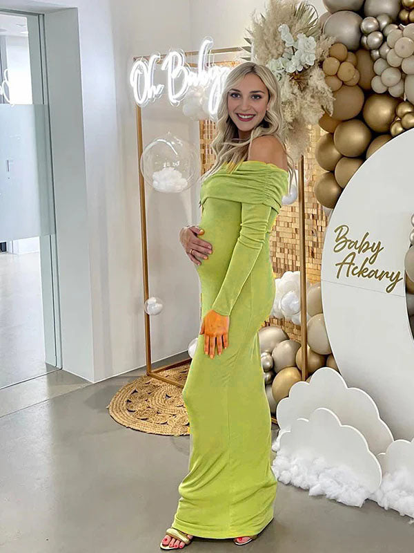 fotobeyou Green Ruched Off Shoulder Bodycon Elegant Cocktail Party Gown Maternity Photoshoot Baby Shower Maxi Dress