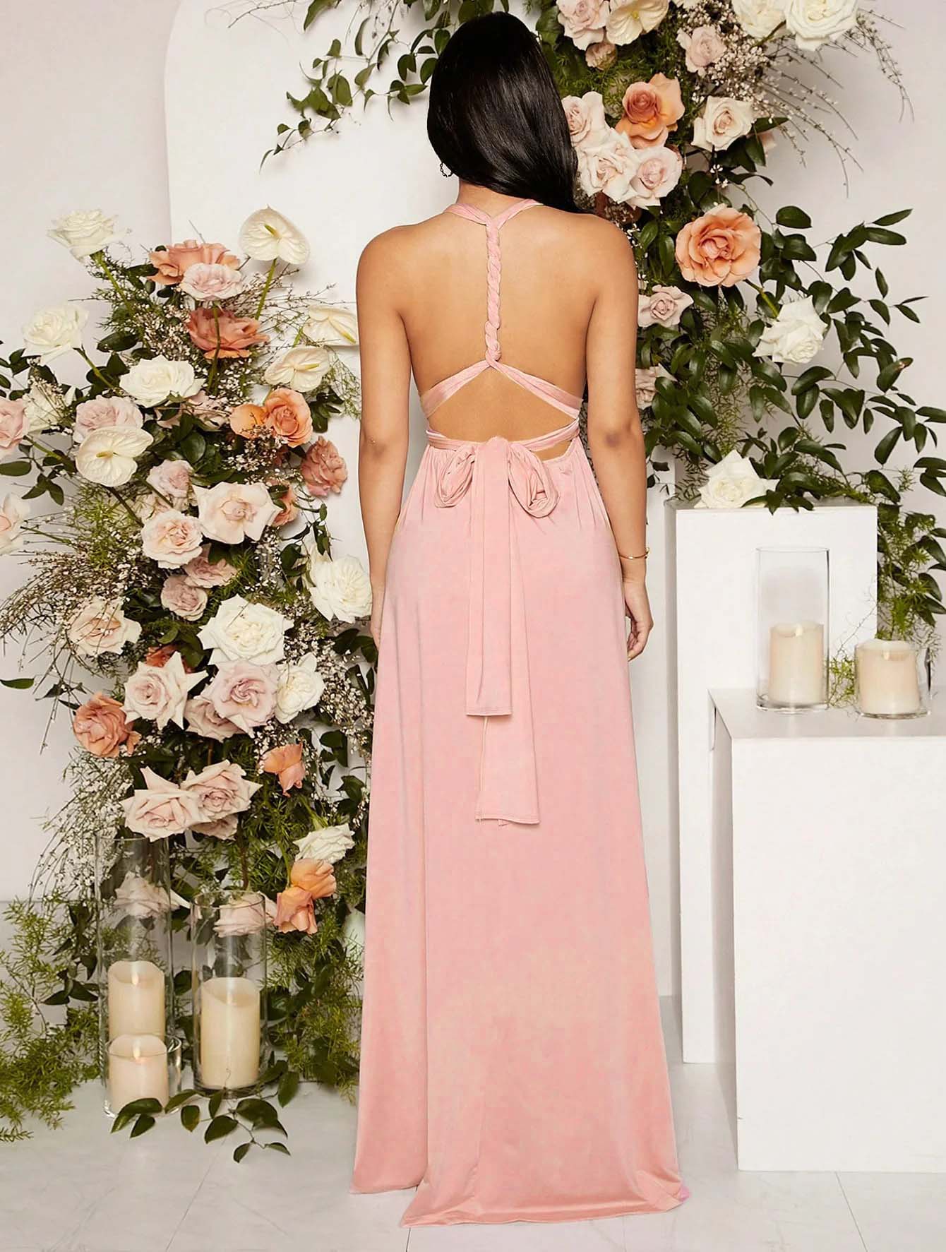 fotobeyou Pink Lace-up Halter Neck Banquet Ceremony Babyshower Maternity Photoshoot Maxi Dress