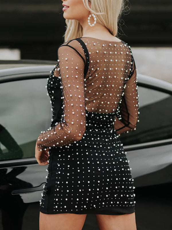fotobeyou Solid Color Pear Rhinestone Sheer Long Sleeve Fashion Photoshoot Maternity Baby Shower Mini Dress