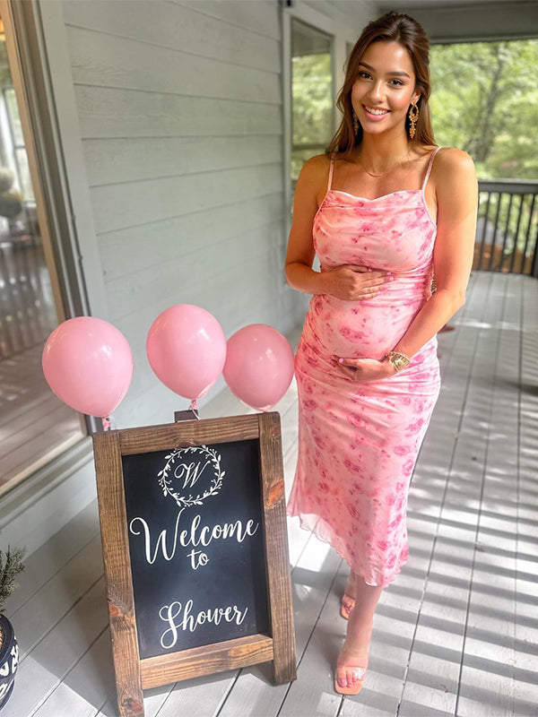 fotobeyou Pink Floral Tulle Ruched Bodycon Cute Gender Reveal Baby Shower Maternity Midi Dress