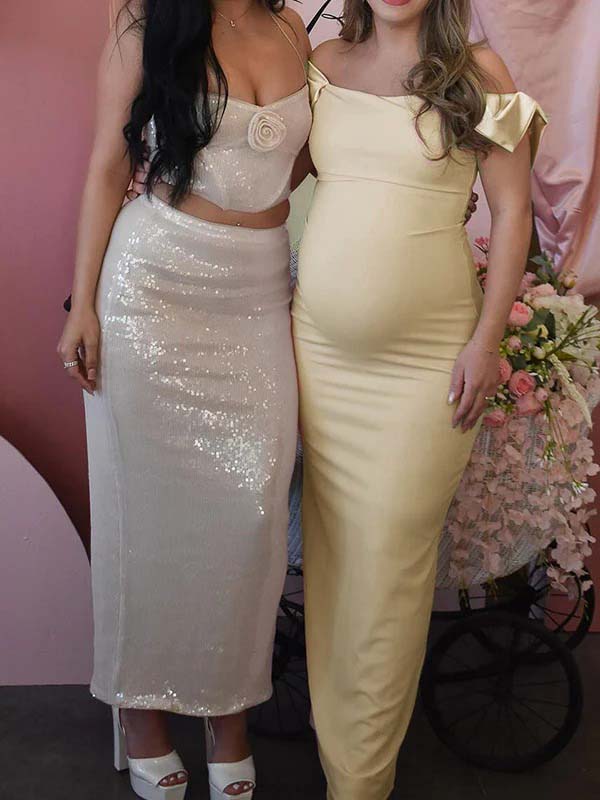 fotobeyou Off Shoulder Ruched Bow Elegant Maternity Baby Shower Maxi Dress