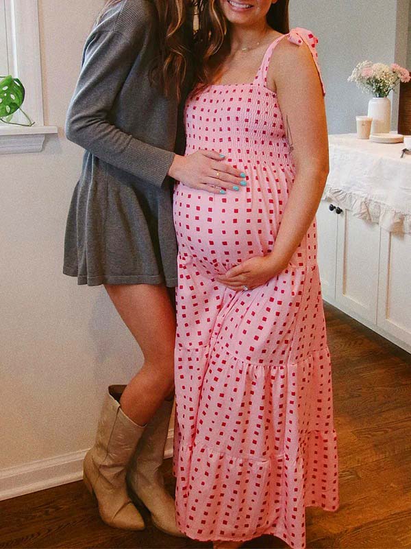 fotobeyou Bow Smocked Polka Dot Flowy Gender Reveal Baby Shower Maternity Maxi Dress