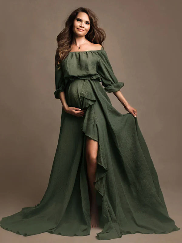 fotobeyou Solid Color Off Shoulder Backless Ruffle Crop Side Slit 2-in-1 Photoshoot Maternity Maxi Dress
