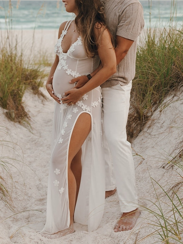 fotobeyou Cut Out Lace Patchwork V-Neck Sheer Side Slit Sleeveless Photoshoot Maternity Maxi Dress