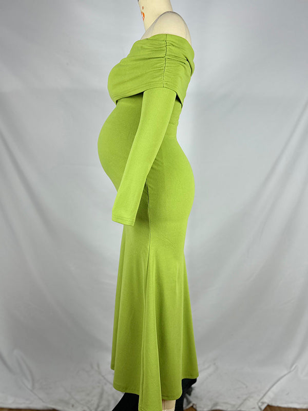 fotobeyou Green Ruched Off Shoulder Bodycon Elegant Cocktail Party Gown Maternity Photoshoot Baby Shower Maxi Dress