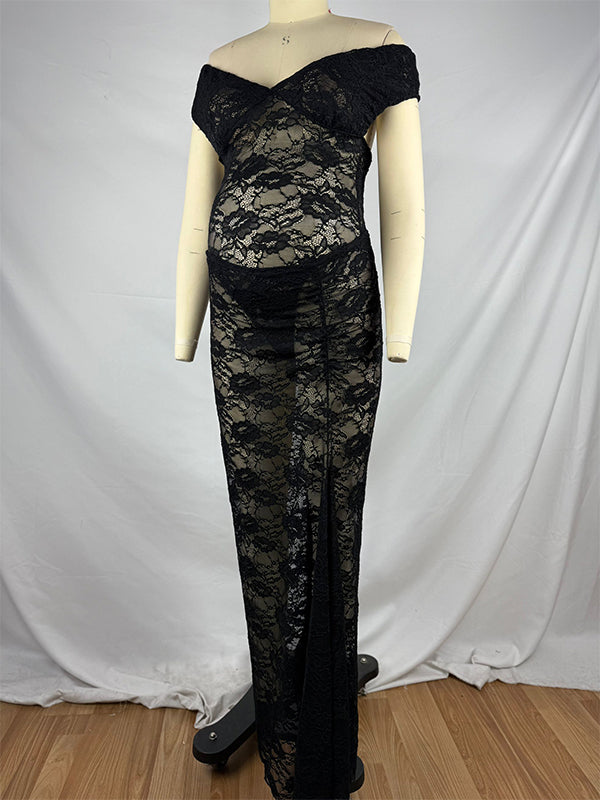 fotobeyou Lace Off Shoulder Backless Bodysuit And Ruched Bodycon Skirt Two Piece Set Elegant Sheer Maternity Photoshoot Maxi Dress