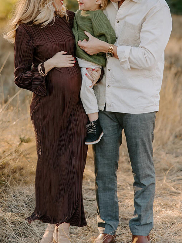 fotobeyou Brown Pleated Ruffle Belted Elegant Photoshoot Baby Shower Maternity Maxi Dress