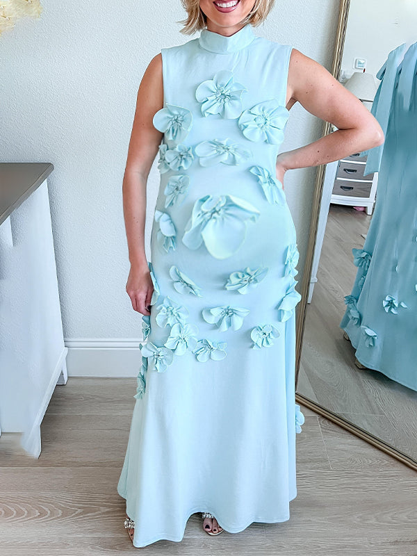 fotobeyou 3D Flowers Band Neck Back Bow Photoshoot Baby Shower Maternity Maxi Dress