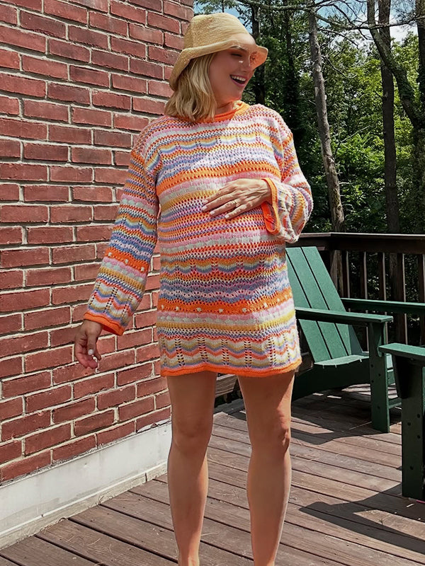 Fotobeyou Orange Round Neck Striped Crochet Maternity Sweater Mini Dress
