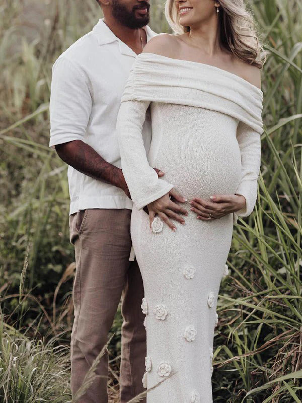 fotobeyou White Off Shoulder 3D Flowers Backless Bodycon Mermaid Cocktail Party Gowns Bandage Photoshoot Maternity Maxi Dress