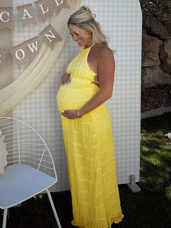 fotobeyou Layered Ruffle Falbala Backless Cami Elegant Maternity Baby Shower Maxi Dress