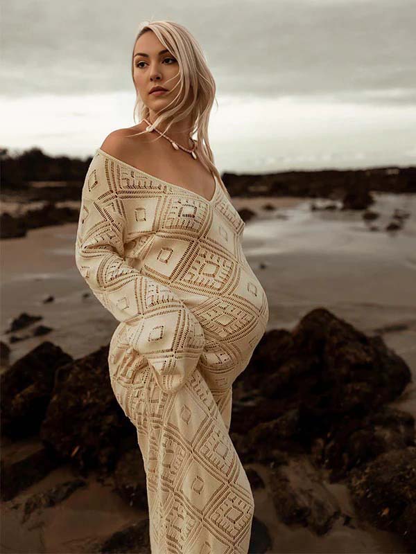 Apricot Cut Out Sheer Knit Photoshoot Maternity Maxi Dress