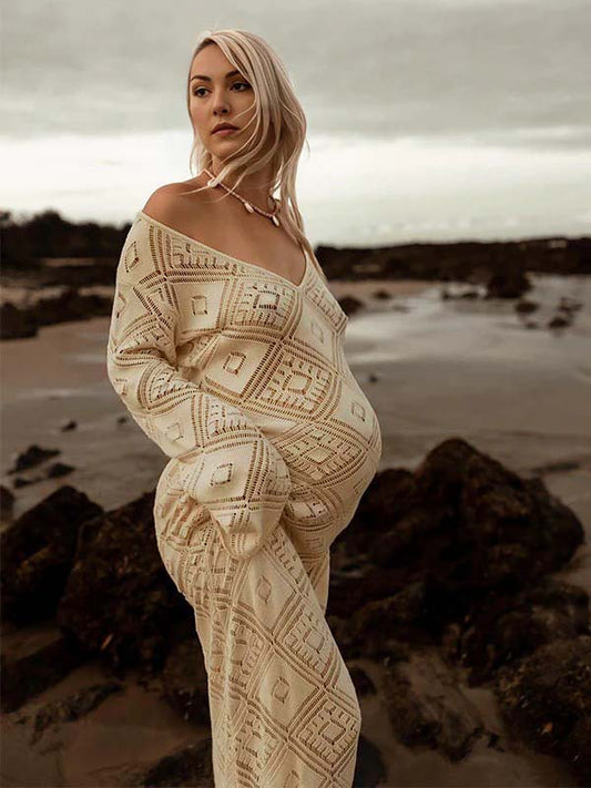 Apricot Cut Out Sheer Knit Photoshoot Maternity Maxi Dress