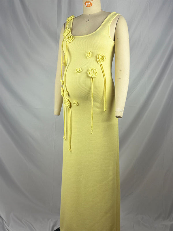 fotobeyou 3D Flowers Knit Backless U-neck Bodycon Vacation Bodycon Elegant Photoshoot Baby Shower Maternity Maxi Dress