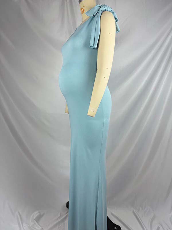Blue Bowknot One Shoulder Elegant Maternity Baby Shower Maxi Dress
