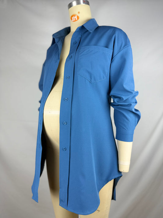 fotobeyou Blue Buttons Irregularly Leisure Basic Maternity Photoshoot Shirt