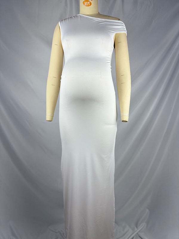 fotobeyou White One Shoulder Side Slit Chic Maternity Baby Shower Maxi Dress