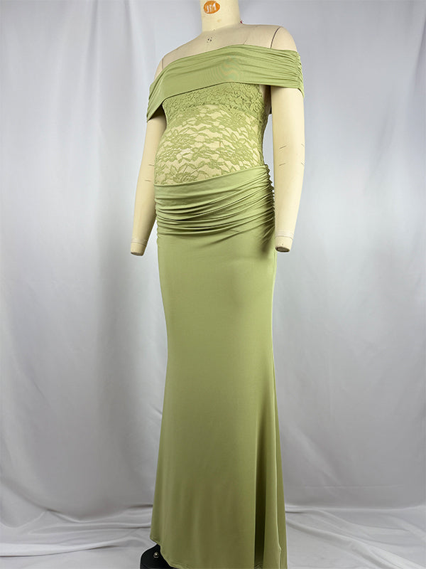 Green Off Shoulder Lace Sheer Splicing Ruched Baby Shower Maternity Maxi Dress
