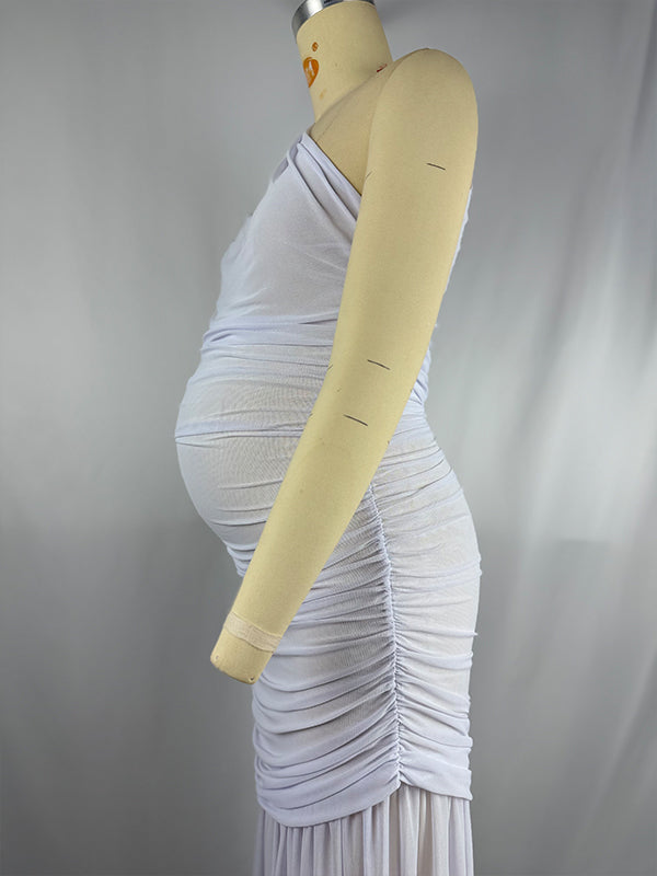 One Shoulder Mesh Ruched Mermaid Evening Gown Maternity Maxi Dress