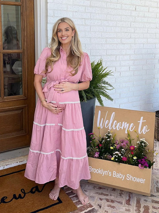 fotobeyou Pink Lace-up Buttons Ruched Puff Sleeve Daily Going out Baby Shower Maternity Photoshoot Maxi Dress