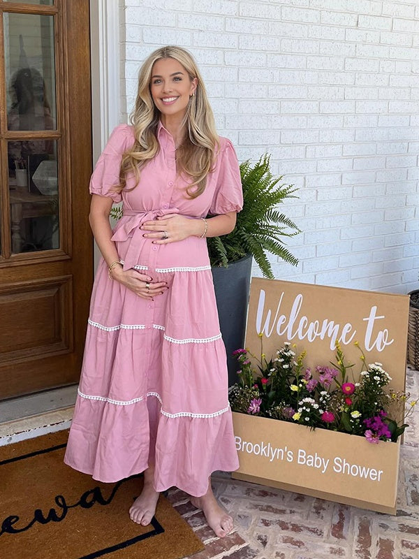 fotobeyou Pink Lace-up Buttons Ruched Puff Sleeve Daily Going out Baby Shower Maternity Photoshoot Maxi Dress