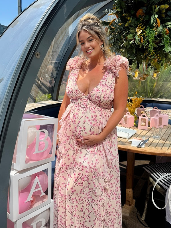 fotobeyou Ruffle Tutu Cut Out Back Tie Deep V-neck Flowy Baby Shower Maternity Maxi Dress