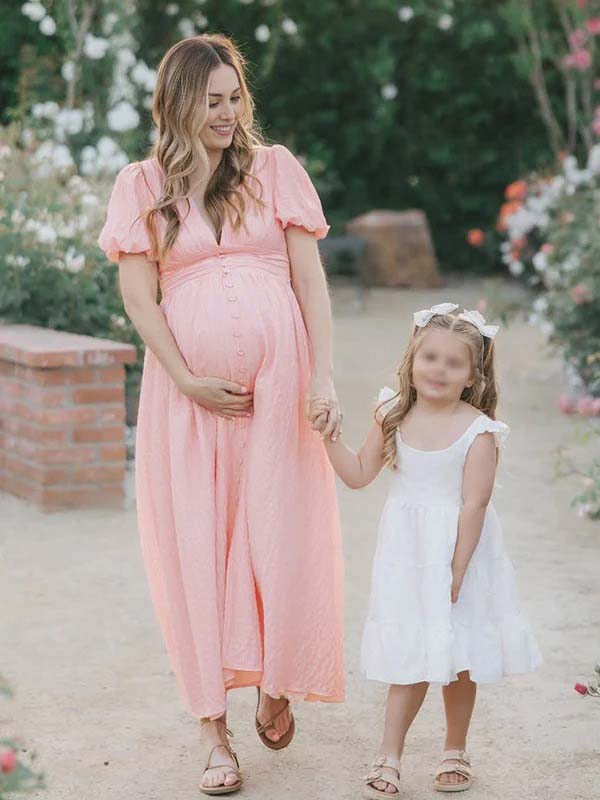 Single Breasted A-Line Slit Sweet Maternity Photoshoot Maxi Dress