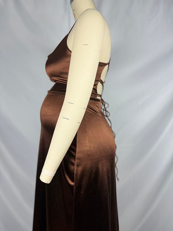 fotobeyou Dark Coffee Slit Spaghetti Straps Backless Elegant Maternity Photoshoot Maxi Dress