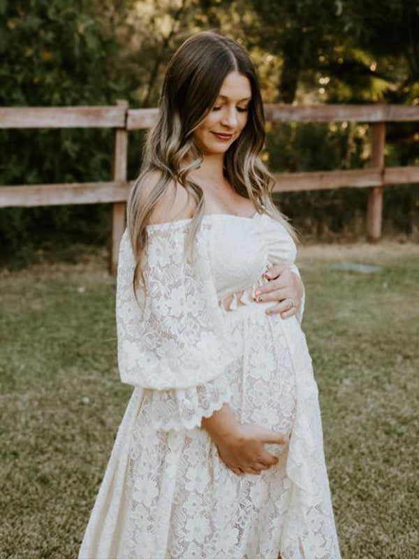 fotobeyou Boho Lace Off Shoulder Lace Tassel Crop 2-in-1 Side Slit Ruffle Photoshoot Maternity Maxi Dress