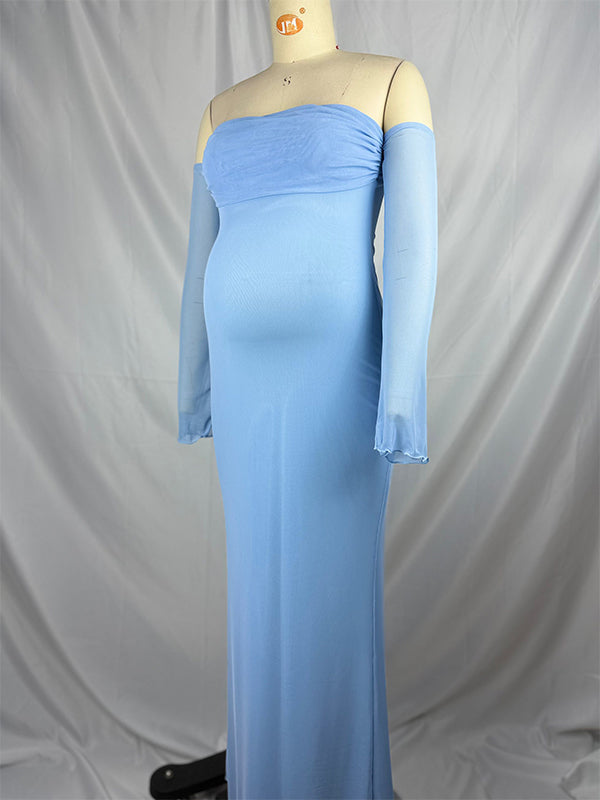 fotobeyou Blue Mesh Off Shoulder Ruched Elegant Maternity Baby Shower Maxi Dress