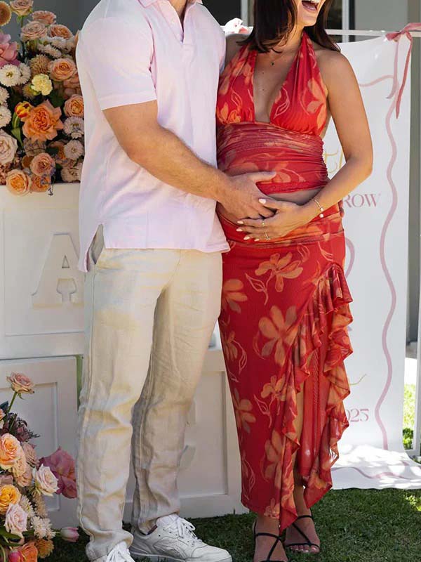 Floral Crop Ruffle Side Slit Backless 2-in-1 Chic Maternity Maxi Dress