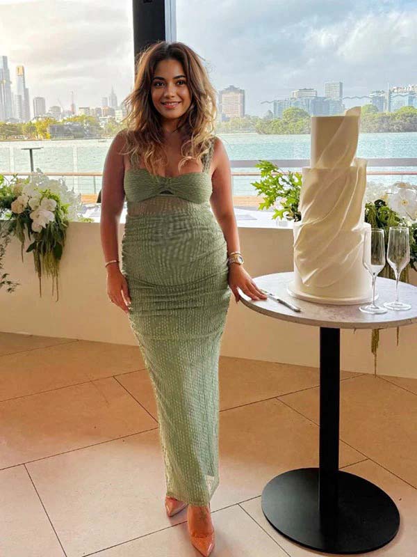 fotobeyou Green Boohoo Lace Cut Out Sheer Bodycon Elegant Cocktail Maternity Photoshoot Baby Shower Maxi Dress