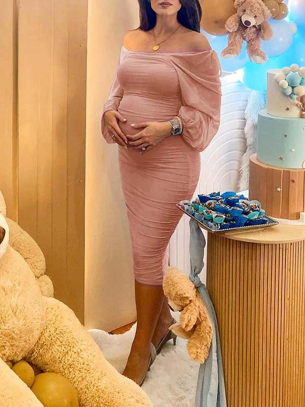 fotobeyou Mesh Ruched Off Shoulder Lantern Sleeve Square Neck Bodycon Elegant Party Maternity Photoshoot Baby Shower Midi Dress
