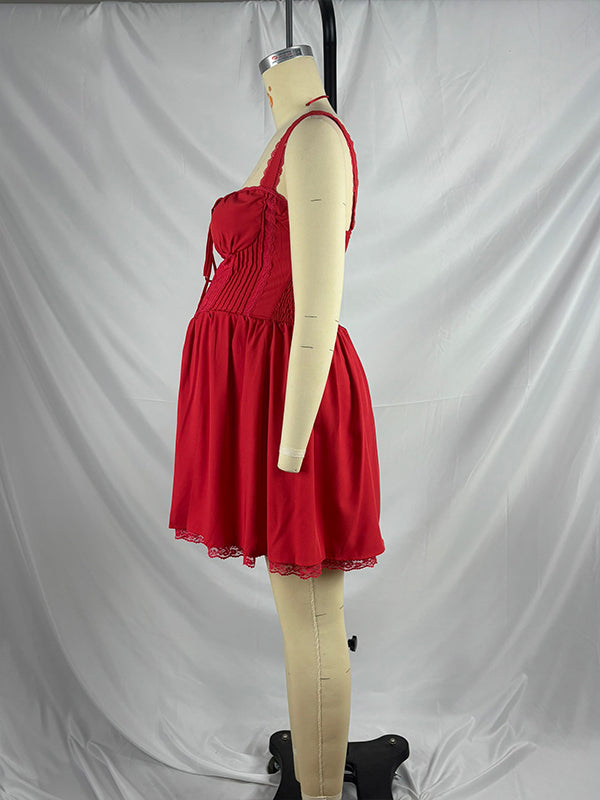 fotobeyou Cherry Red Lace-up Corset Lace Trim A-line Elegant Party Maternity Baby Shower Mini Dress