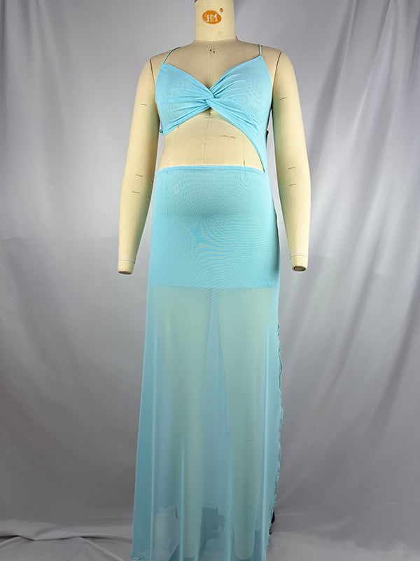 Blue Mesh Cut Out Crop Side Slit Cami Sheer Maternity Maxi Dress