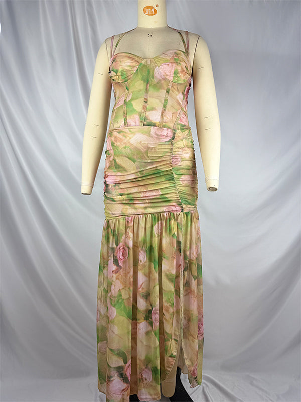 fotobeyou Floral Mesh Ruched Ruffle Boned Bodice Side Slit Cami Elegant Maternity Maxi Dress