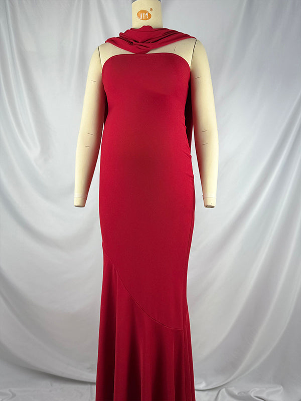 fotobeyou Red Strapless Scarf Mermaid Elegant Maternity Photoshoot Maxi Dress