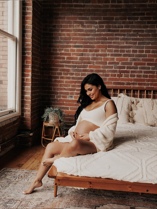 fotobeyou Ivory Three-piece Cozy Knit Set Plus Size Crop Top Cardigan Fluffy Loungewear Casual Daily Maternity Outfit