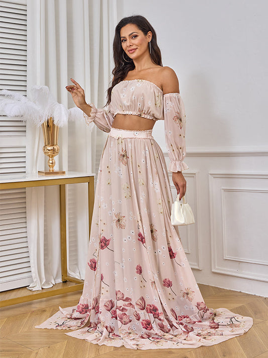 fotobeyou Two Piece Boho Flower Printing Off Shoulder Chiffon Crop Bandeau Photoshoot Maternity Maxi Dress