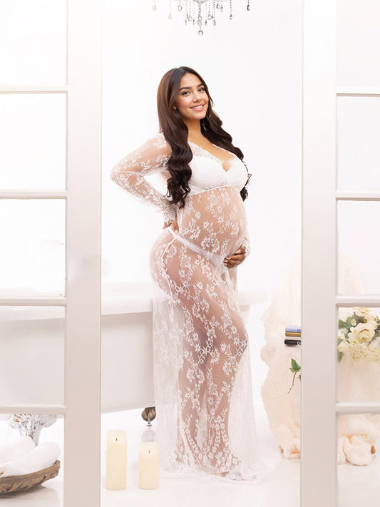 fotobeyou White Lace Robe V-neck Bathtub Photoshoot Plus Size Maternity Maxi Dress
