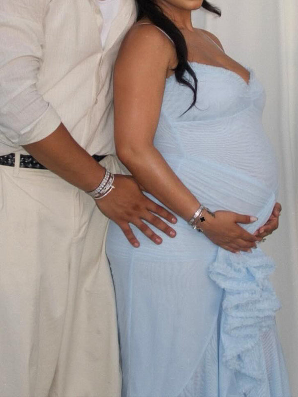 Blue Mesh Ruched Ruffle High-Low Mermaid Cami Elegant Maternity Maxi Dress