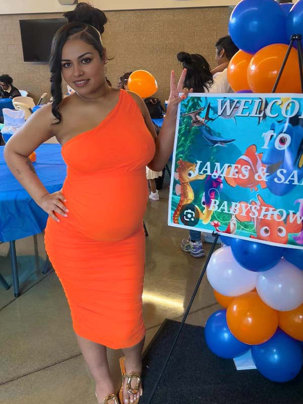 Orange Oblique Shoulder Ruched Maternity Baby Shower Midi Dress