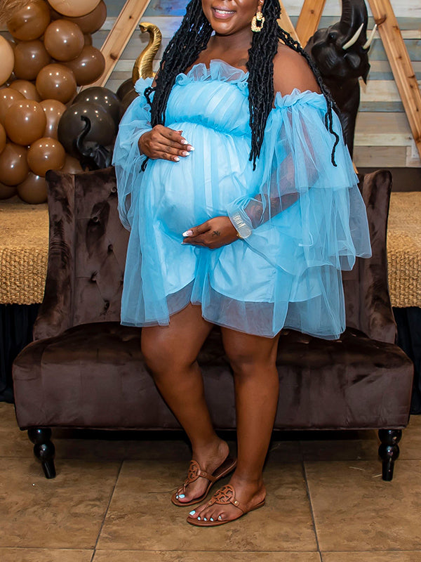 Blue Off Shoulder Tulle Cute Baby Shower Maternity Mini Dress