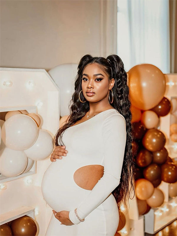 fotobeyou One Shoulder Cut Out Irregular Bodycon Long Sleeve Fashion Baby Shower Maternity Maxi Dress