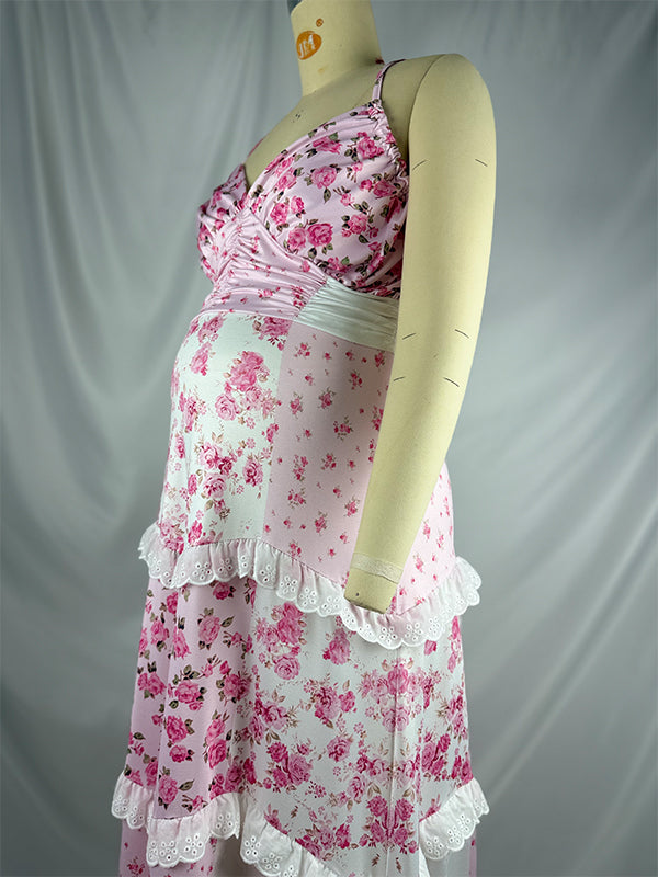 Pink Lace Floral Ruffle Baby Girl Shower Maternity Maxi Dress