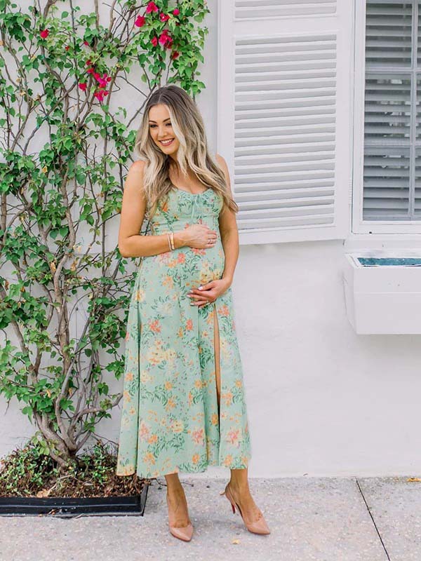 fotobeyou Green Floral Side Slit Ruffle Bow Flowy Back Zipper Photoshoot Baby Shower Maternity Maxi Dress